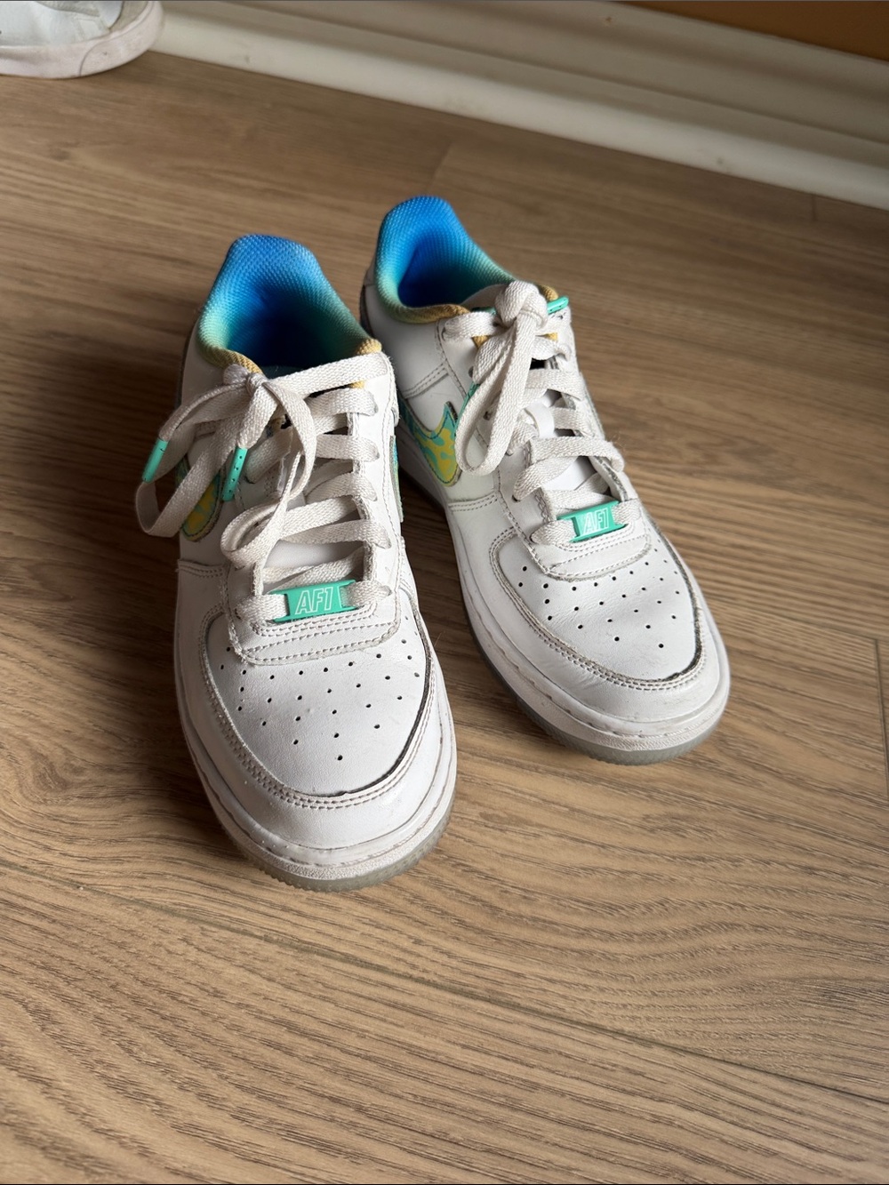 White Kids Sneakers with Teal & Blue Accents